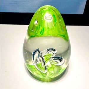 MCM Art Glass Paperweight, Teardrop Form, Green Colored and Controlled Helix